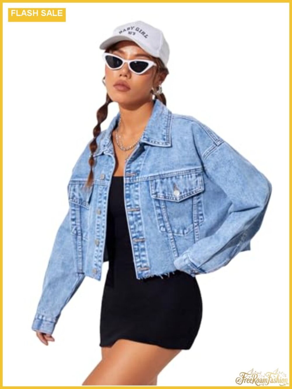Oversized Cropped Denim Jacket Long Sleeve Soft No Stretch Flap Pocket